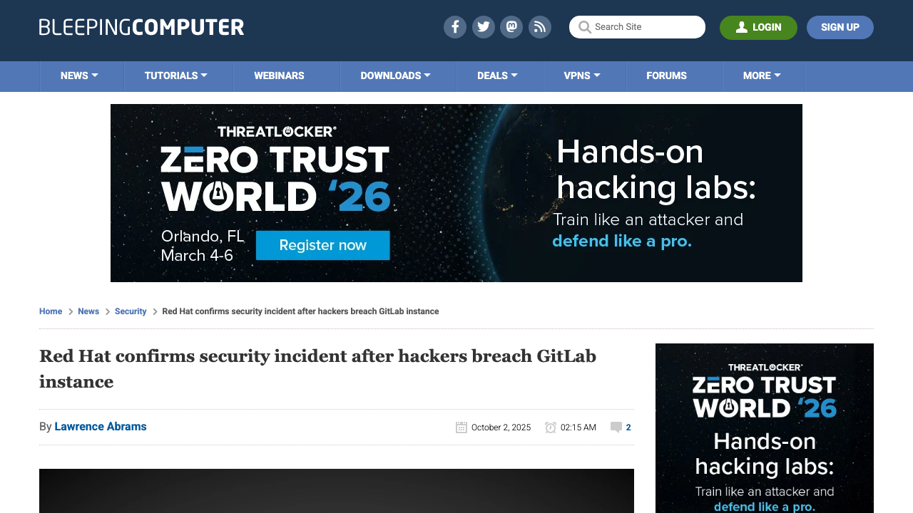 bleepingcomputer.com — News – Security – Red Hat Confirms Security Incident After Hackers Breach Gitlab Instance preview