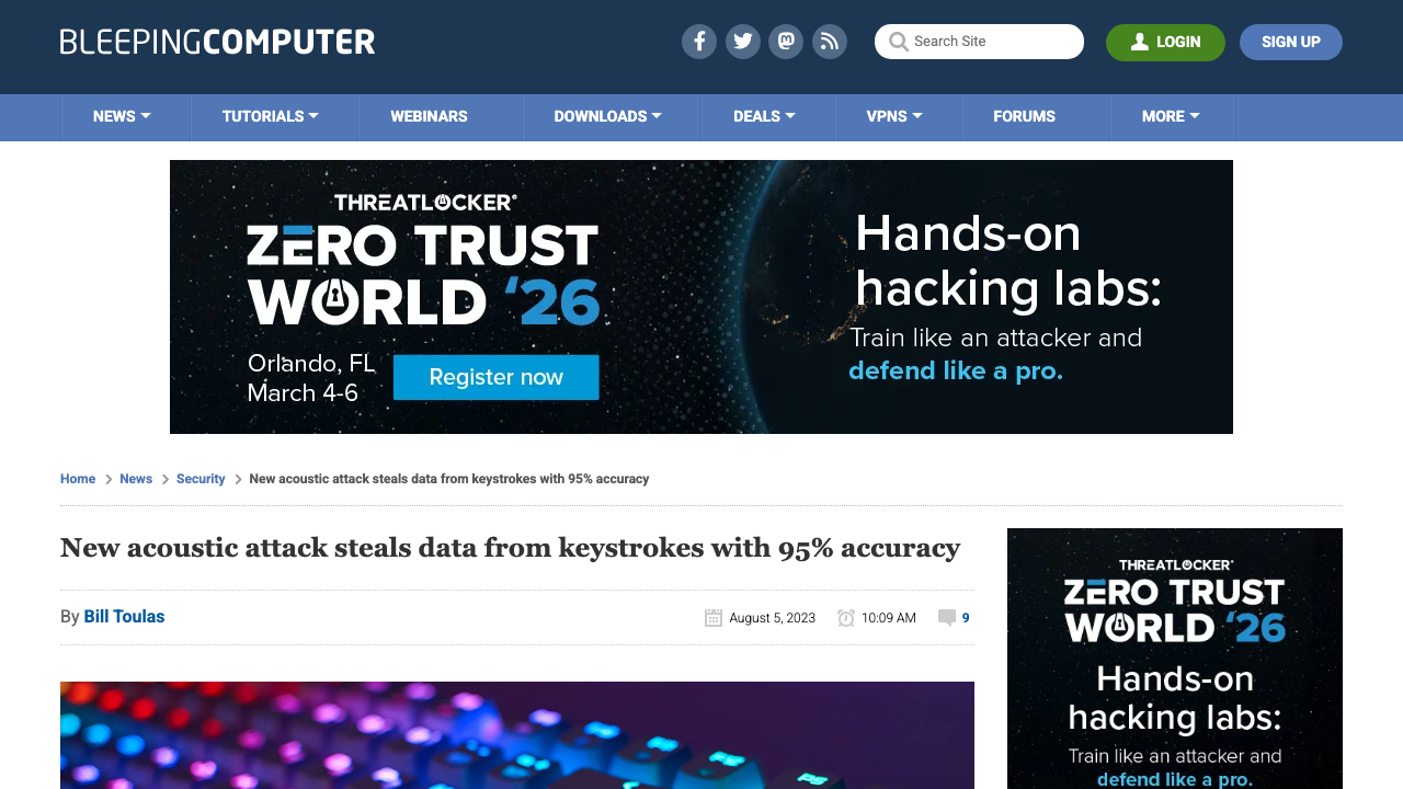 bleepingcomputer.com — News – Security – New Acoustic Attack Steals Data From Keystrokes With 95 Percent Accuracy previe
