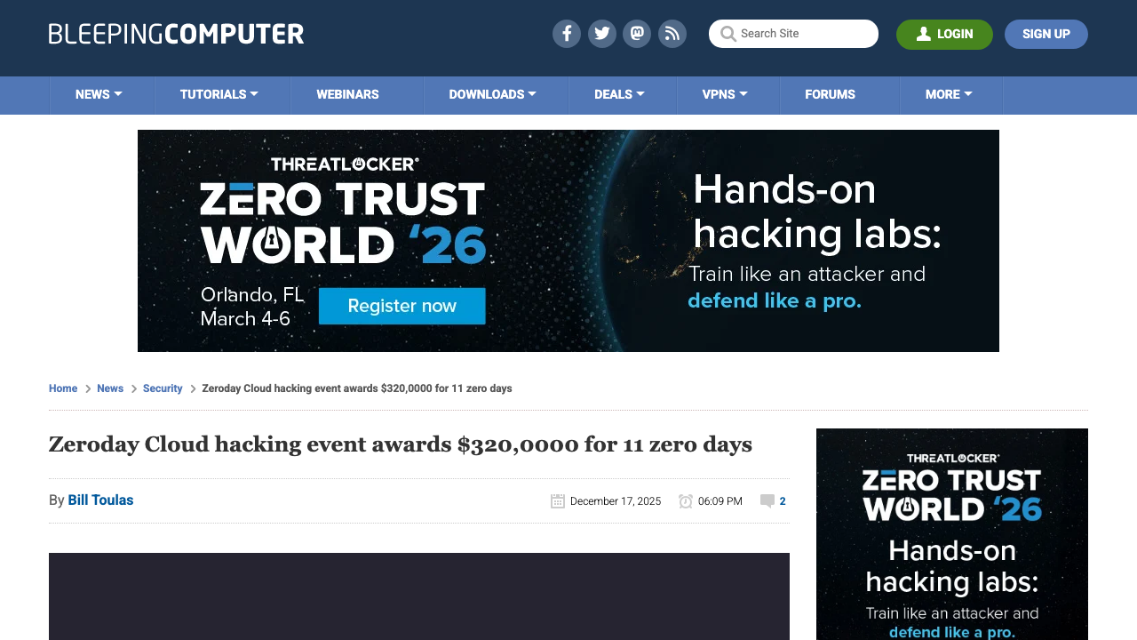 bleepingcomputer.com — News – Security – Zeroday Cloud Hacking Event Awards 320 0000 For 11 Zero Days preview