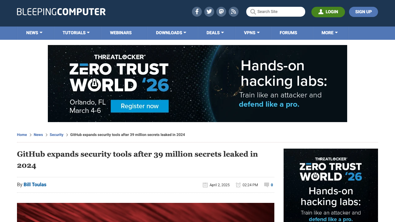 bleepingcomputer.com — News – Security – Github Expands Security Tools After 39 Million Secrets Leaked In 2024 preview