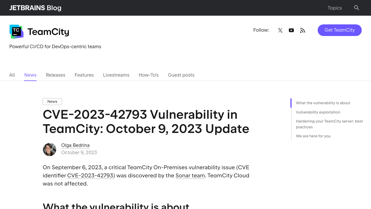 blog.jetbrains.com — Teamcity – 2023 – 10 – Cve 2023 42793 Vulnerability In Teamcity Update preview