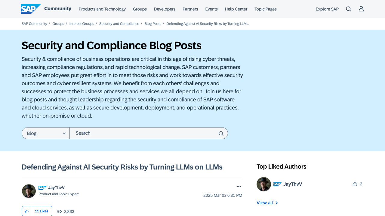 community.sap.com — T5 – Security And Compliance Blogs – Defending Against Ai Security Risks By Turning Llms On Llms – B