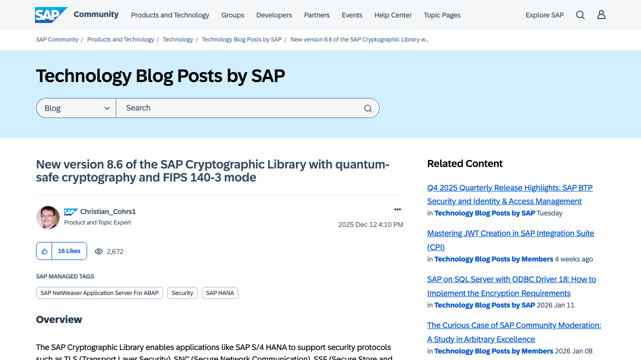 community.sap.com — T5 – Technology Blog Posts By Sap – New Version 8 6 Of The Sap Cryptographic Library With Quantum Sa