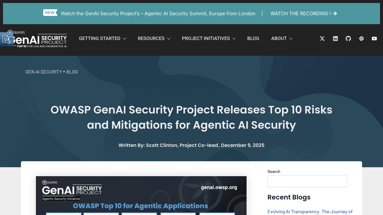 genai.owasp.org — 2025 – 12 – 09 – Owasp Genai Security Project Releases Top 10 Risks And Mitigations For Agentic Ai Sec