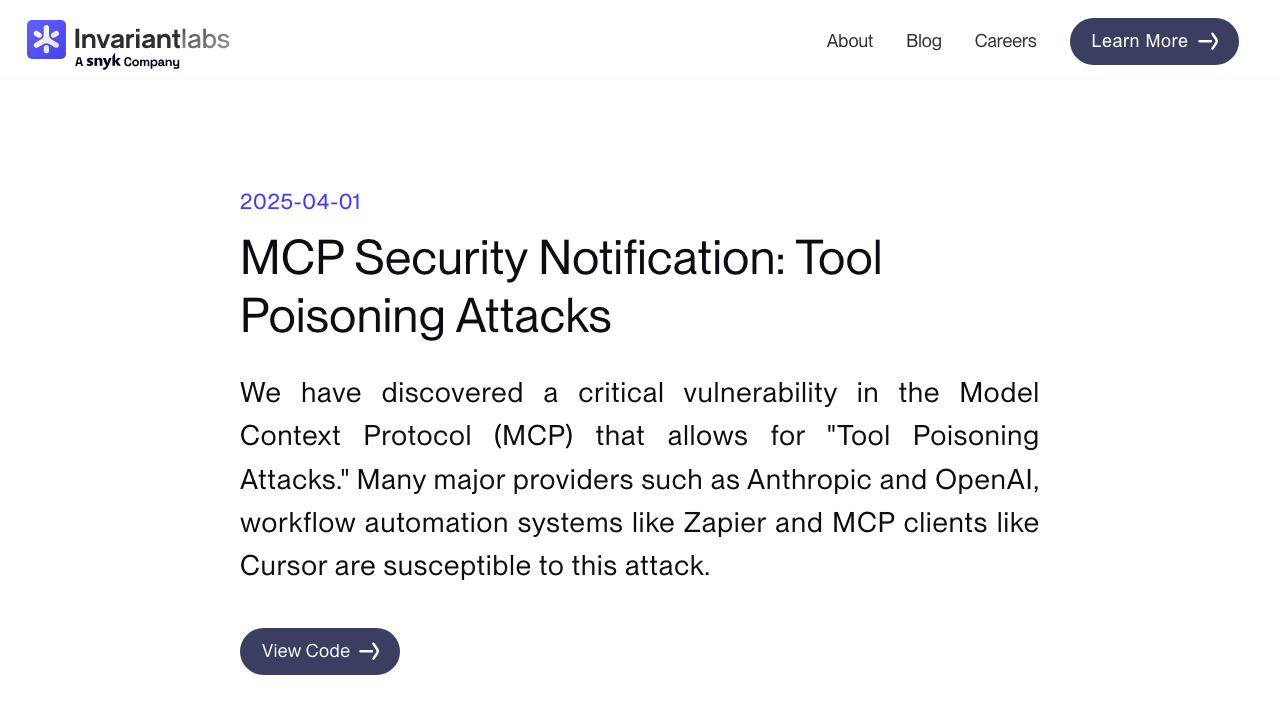 invariantlabs.ai — Blog – Mcp Security Notification Tool Poisoning Attacks preview