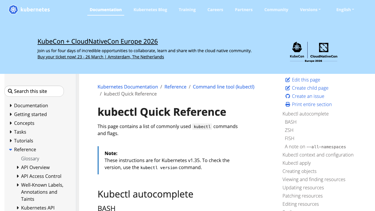 kubernetes.io — Docs – Reference – Kubectl – Cheatsheet preview