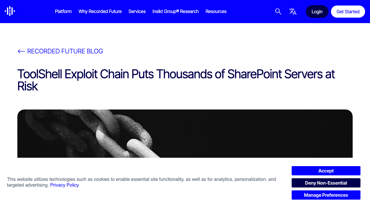 recordedfuture.com — Blog – Toolshell Exploit Chain Thousands Sharepoint Servers Risk preview