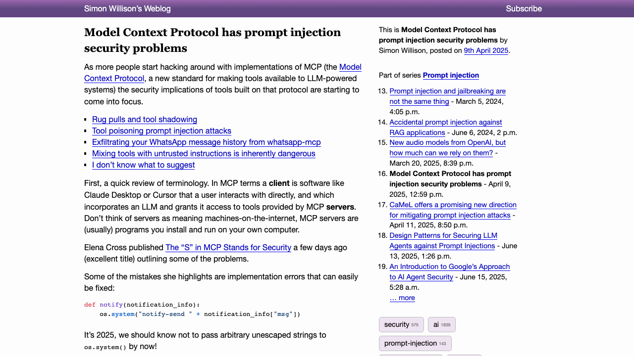 simonwillison.net — 2025 – Apr – 9 – Mcp Prompt Injection preview