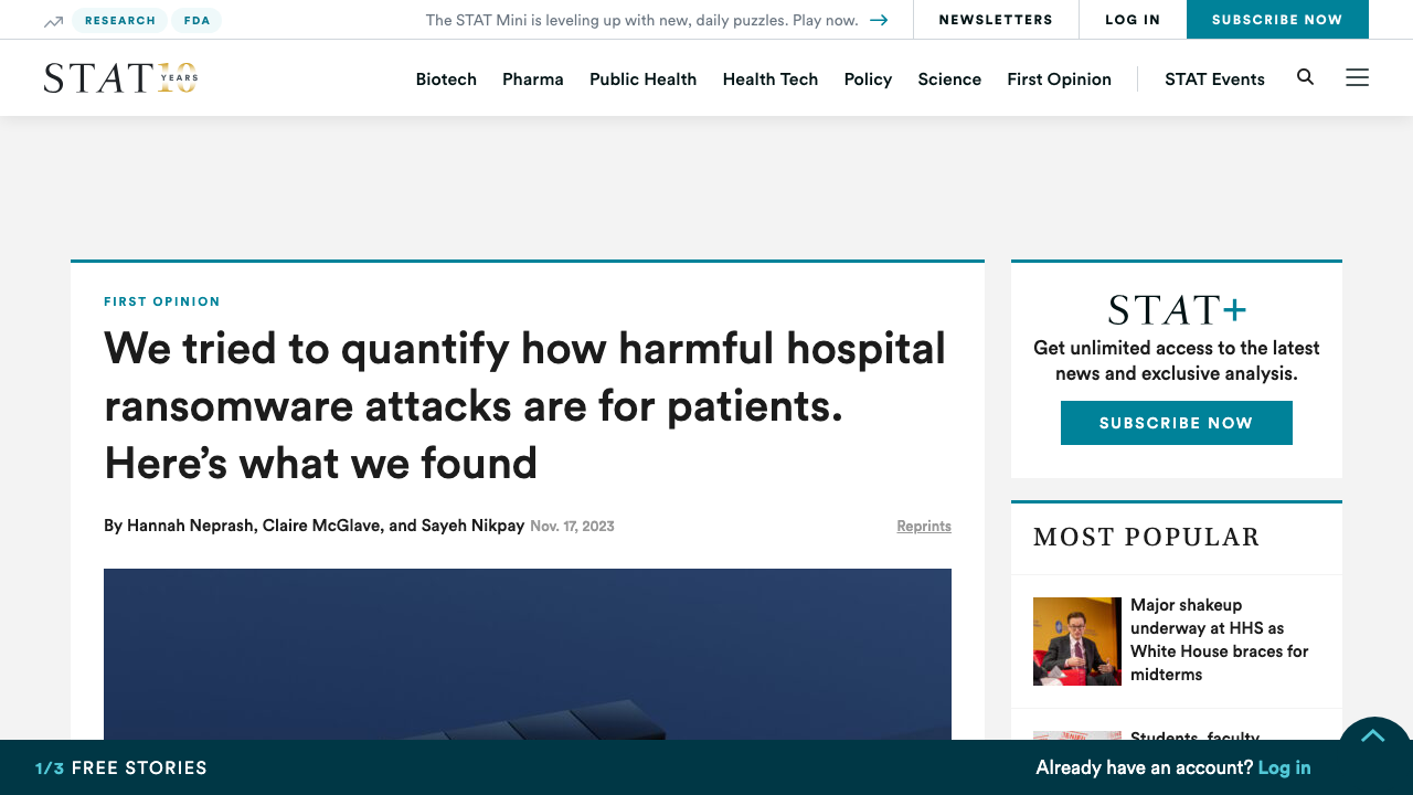 statnews.com — 2023 – 11 – 17 – Hospital Ransomware Attack Patient Deaths Study preview