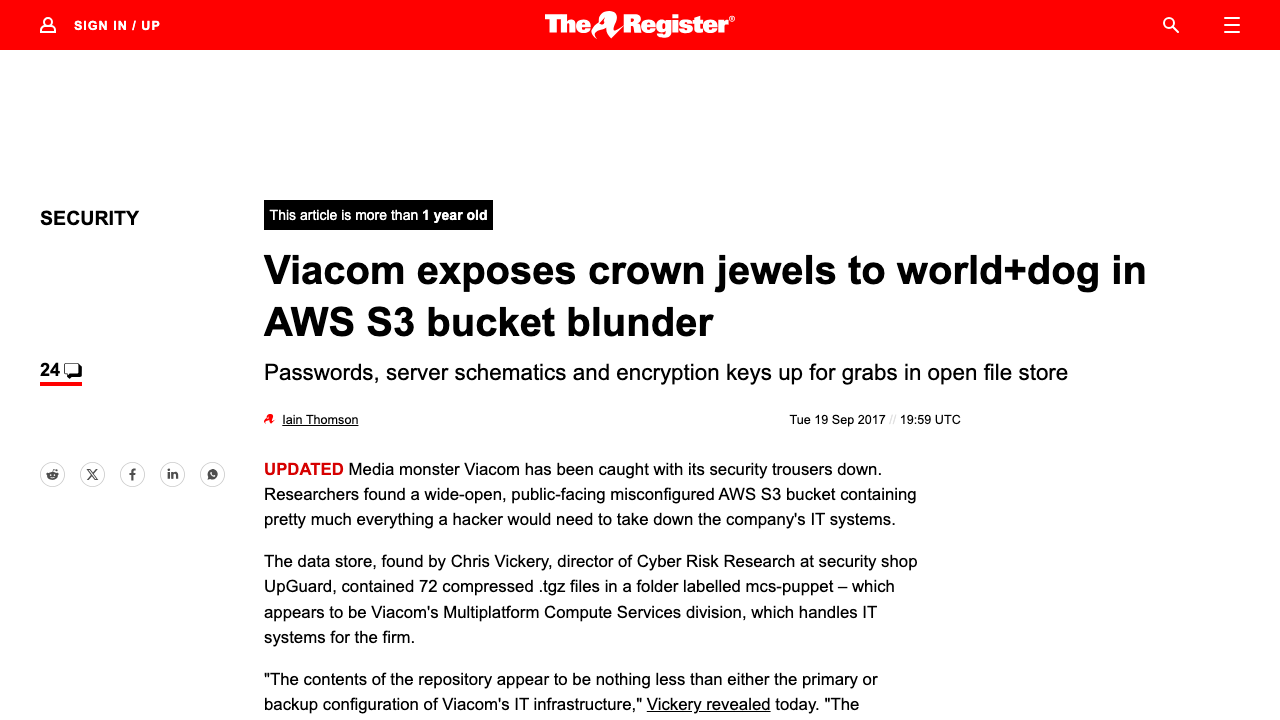 theregister.com — 2017 – 09 – 19 – Viacom Exposure In Aws3 Bucket Blunder preview