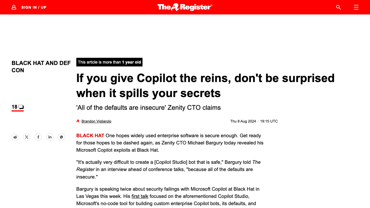 theregister.com — 2024 – 08 – 08 – Copilot Black Hat Vulns preview