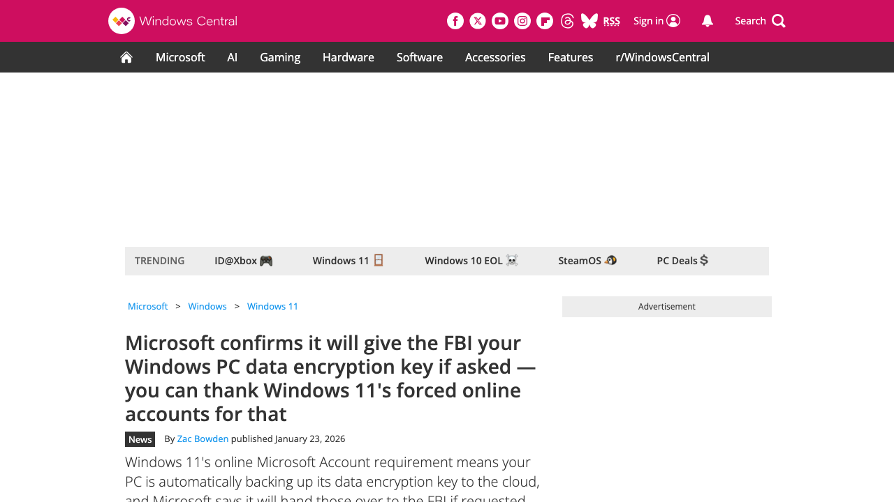windowscentral.com — Microsoft – Windows 11 – Microsoft Bitlocker Encryption Keys Give Fbi Legal Order Privacy Nightmare