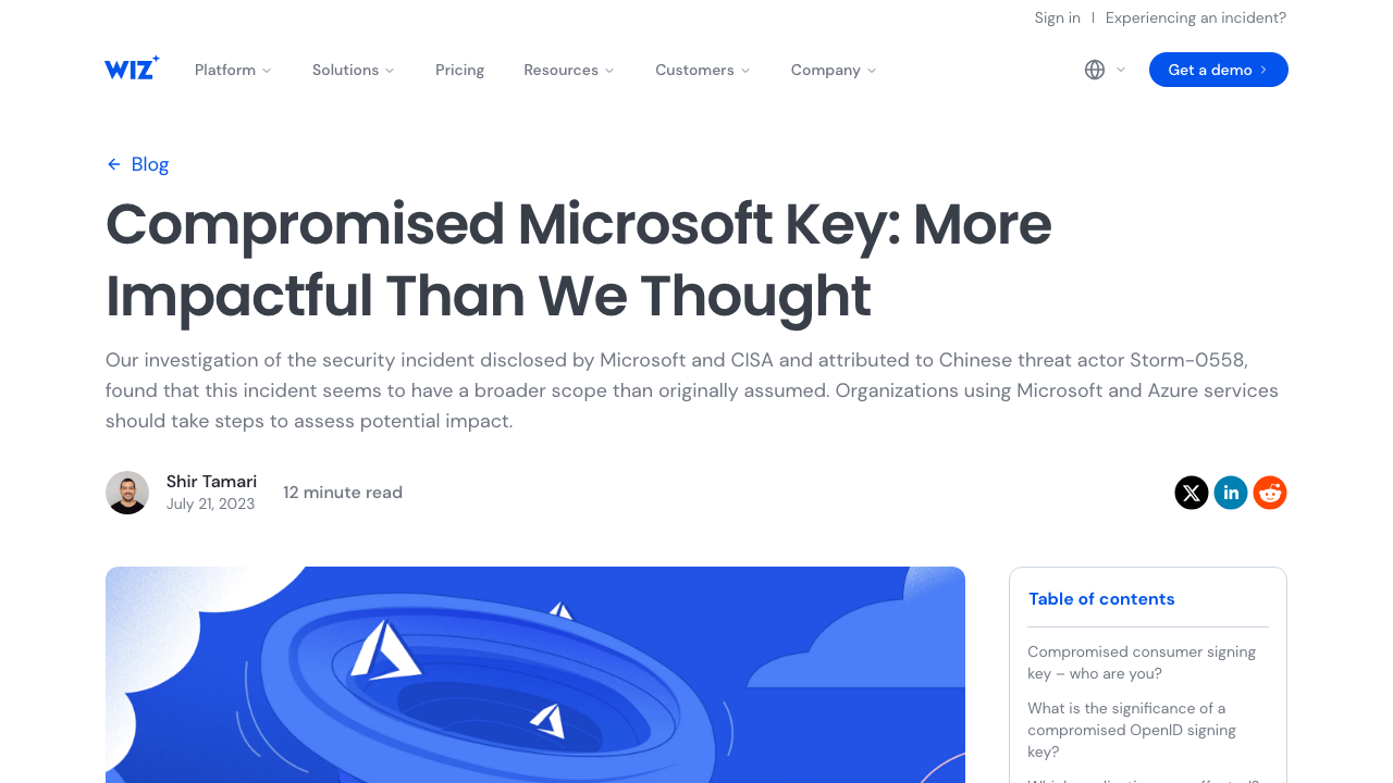 wiz.io — Blog – Storm 0558 Compromised Microsoft Key Enables Authentication Of Countless Micr preview