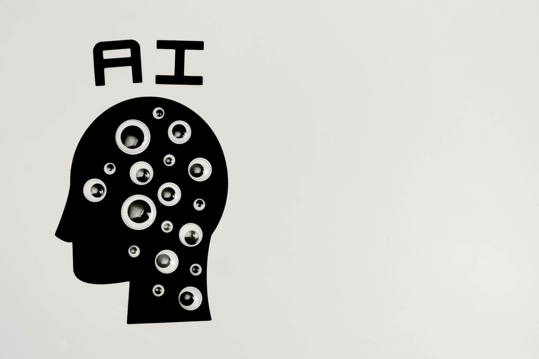 Abstract illustration of AI with silhouette head full of eyes, symbolizing observation