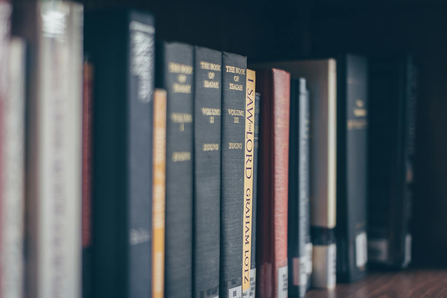 A focused view of books on a library shelf featuring various titles in soft lighting