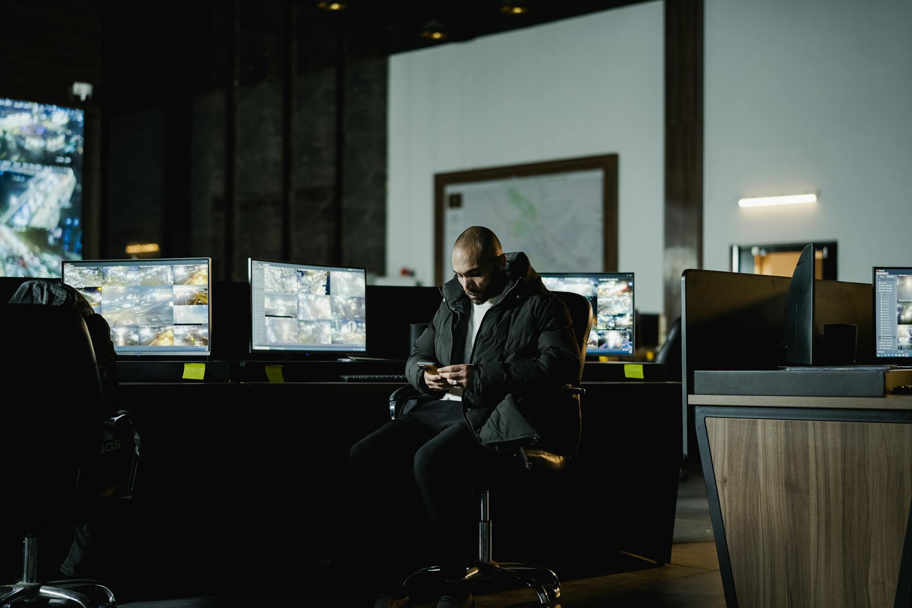 Security officer seated in a dimly lit control room, analyzing multiple surveillance screens